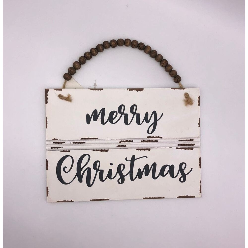 New White Farmhouse Merry Christmas Sign With Wooden Beaded Hanger